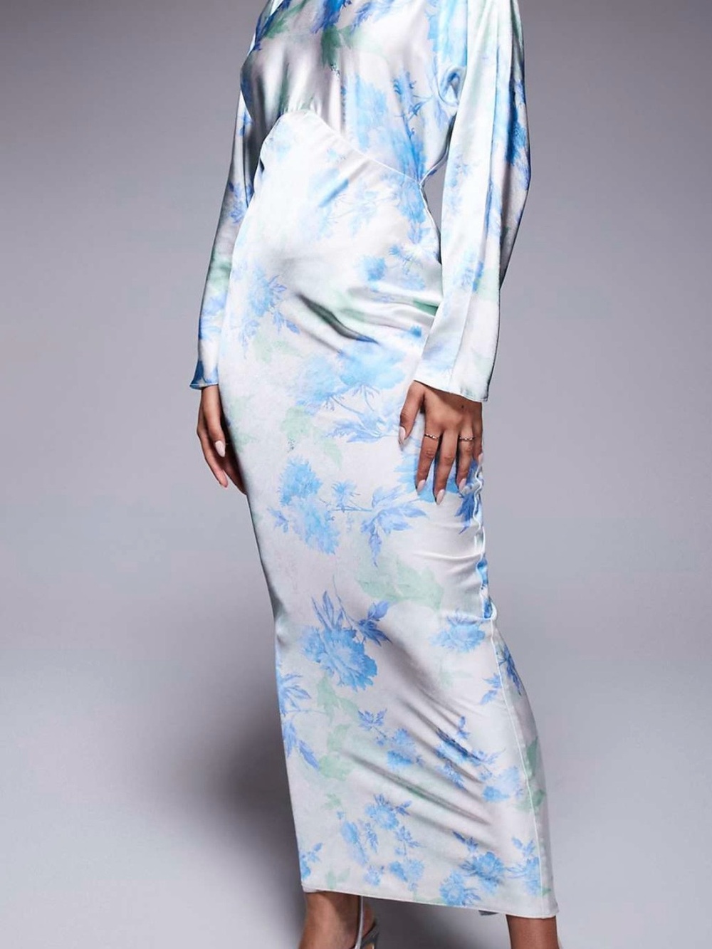 ASOS White Satin Maxi Dress with Blue & Green Floral Print